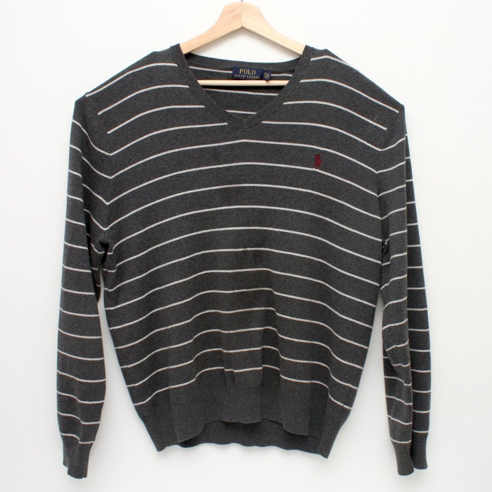 Polo Ralph Lauren Pima Cotton Striped V Neck Pullover Sweater XLTG Charcoal Gray